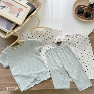NT141 BỘ THUN TĂM LẠNH ÁO CỘC TAY QUẦN LỬNG ngang gối, viền bèo cho bé gái hoạ tiết chấm bi siêu xinh