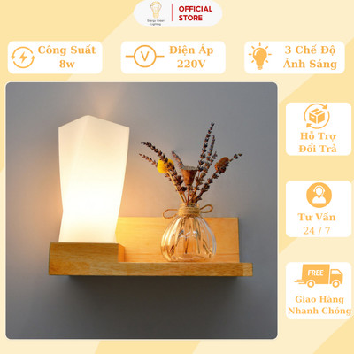 Đèn Tường Energy Green Lighting Kệ Gỗ DT-3024 Chao Thủy Tinh - Trang Trí Phòng Làm Việc - Phòng Ngủ - Bảo Hành 1 Năm