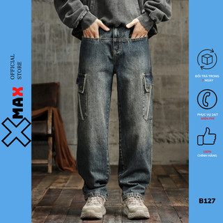 Quần jean nam túi hộp cargo pants XMAX bò nam retro ống rộng màu xanh rêu đẹp B127