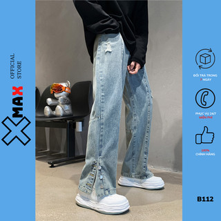 Quần jean baggy nam ống loe cúc bấm Xmax quần bò nam suông dài rộng cạp thường phong cách Retro B112