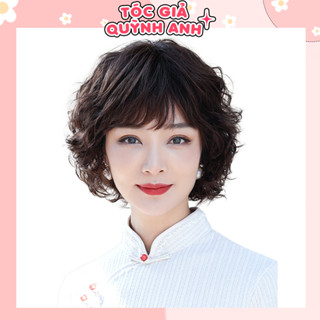 Tóc giả trung niên ngắn xoăn cao cấp, tóc giả nữ trung niên nguyên đầu ngắn xoăn tặng lưới chụp QATN06