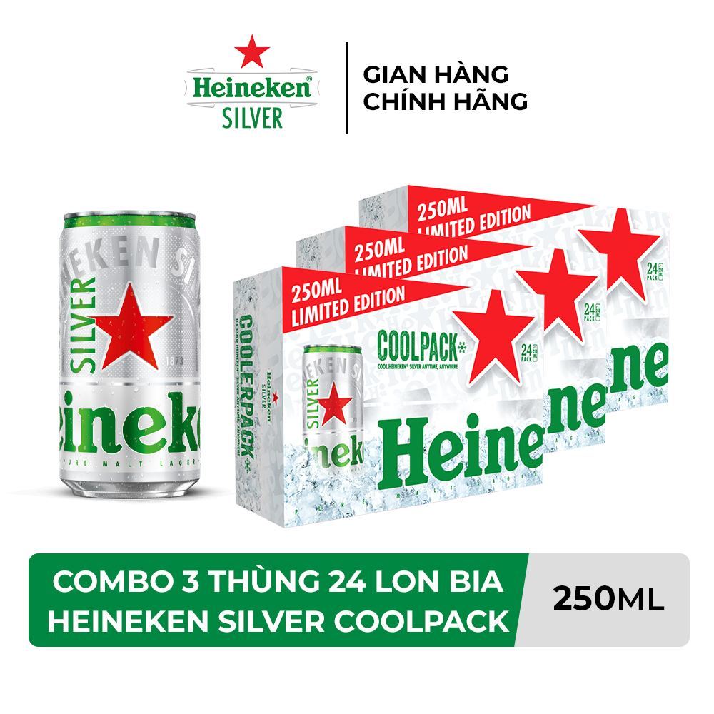 HỎA TỐC HCM - Combo 3 Thùng 24 lon bia Heineken Silver Coolpack 250ml/lon