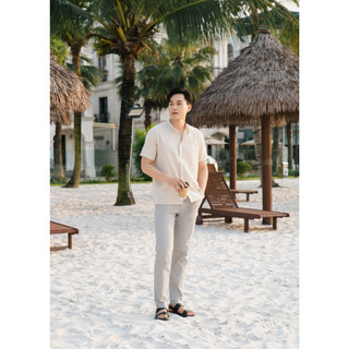 Áo sơ mi nam h2t vải đũi cổ trụ collar linen shirts 1729