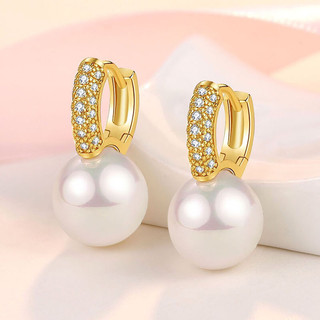 Mã D10 Bông tai ngọc trai JOIDI cao cấp sang trọng size 12mm, khóa bấm đính đá, xi vàng 18k