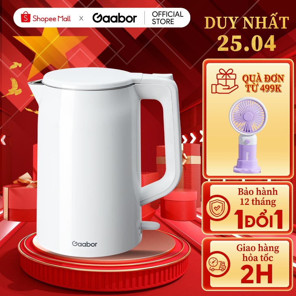 Bình đun nước siêu tốc 2L Gaabor EK20M-WH01A công suất 1500W cao cấp ấm đun inbox 304 cách nhiệt