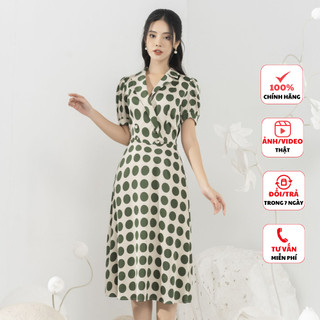 Đầm công sở nữ FIONA dáng xòe váy chấm bi xanh cổ hai ve tay ngắn phù hợp đi làm đi chơi F452718