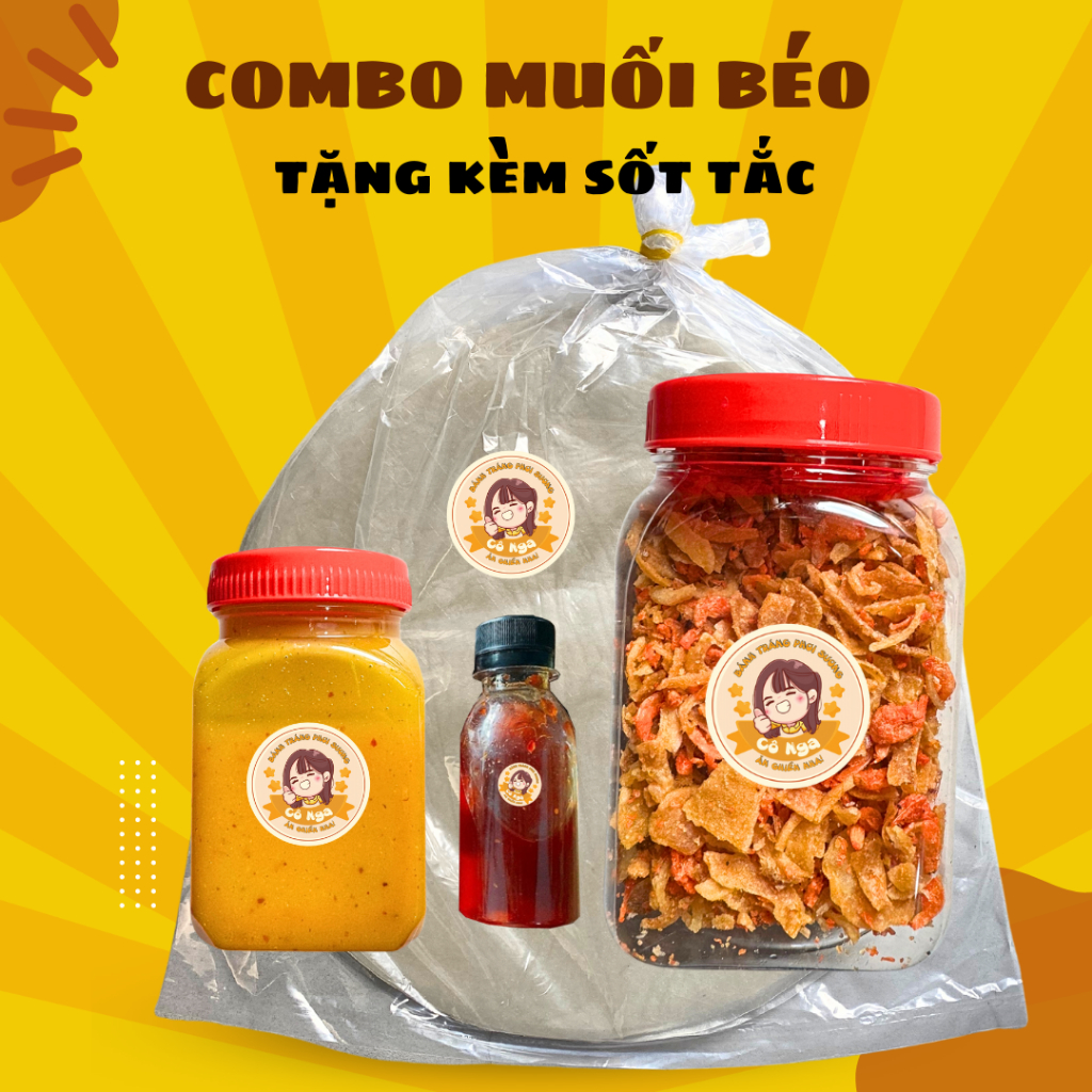 Combo muối béo 4 vị: Bánh tráng phơi sương, muối ruốc hành phi, sốt muối béo, tặng sốt tắc