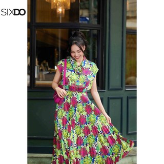 Đầm lụa xếp ly kèm hoa sixdo
