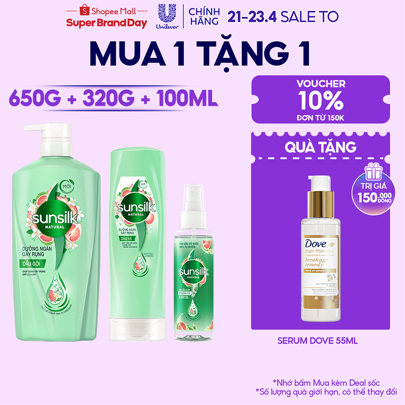 Combo Gội Xả và Xịt dưỡng tóc tinh chất bưởi Sunsilk Natural Dưỡng ngăn Gãy rụng 650g, 320g, 100ml