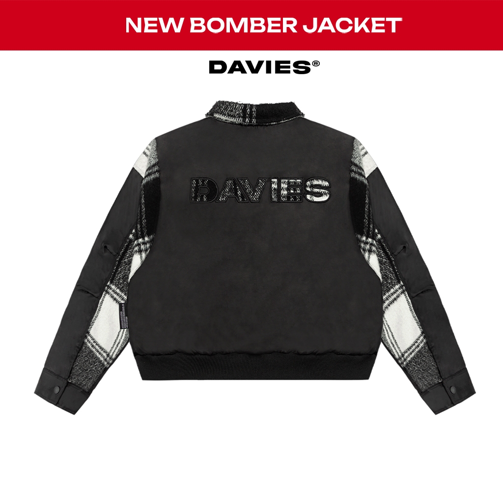 Áo khoác bomber croptop nam nữ DAVIES dù protex phối vải flannel caro đen local brand Flannel Type Logo Jacket I D37-AK6