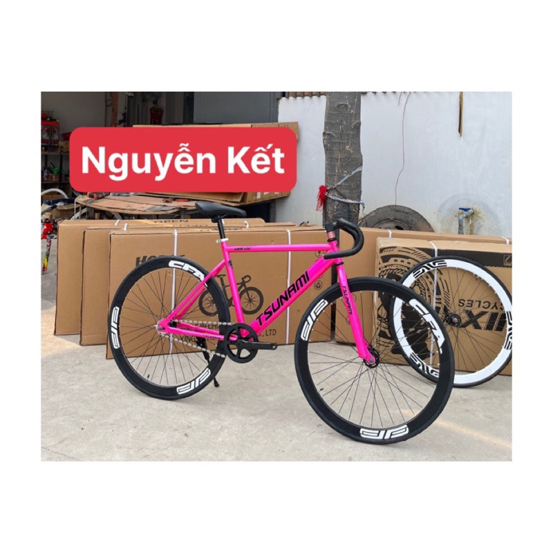 xe đạp Fixed Gear & Tsunami hồng , đạp 2 chiều , Bánh TRẮNG/ĐEN ( KÈM STRAP )