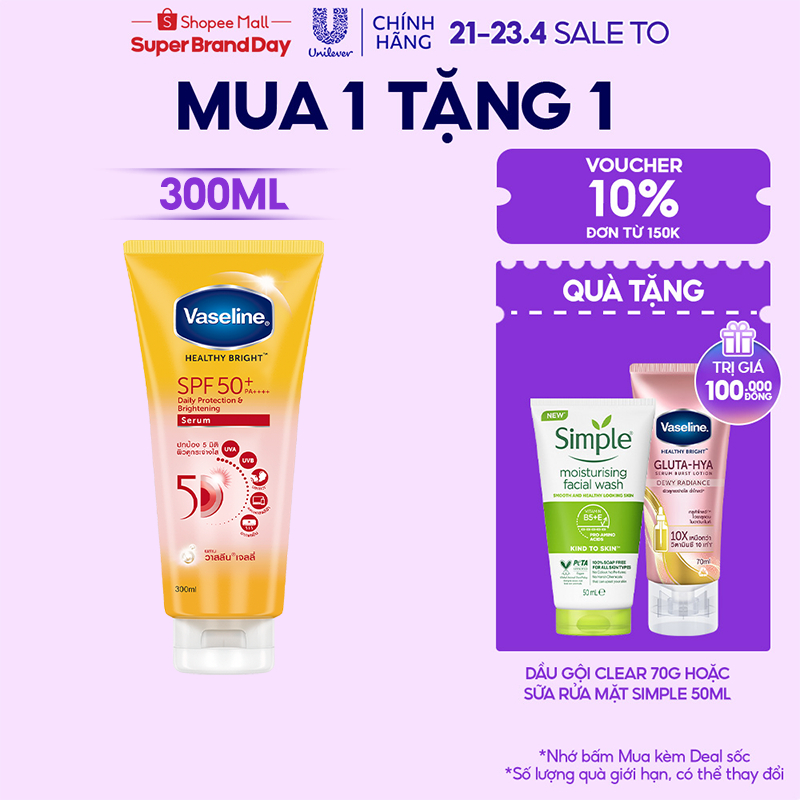 Serum chống nắng cơ thể Vaseline 50x bảo vệ da với SPF 50+ PA++++ giúp da sáng hơn gấp 2X 300ml