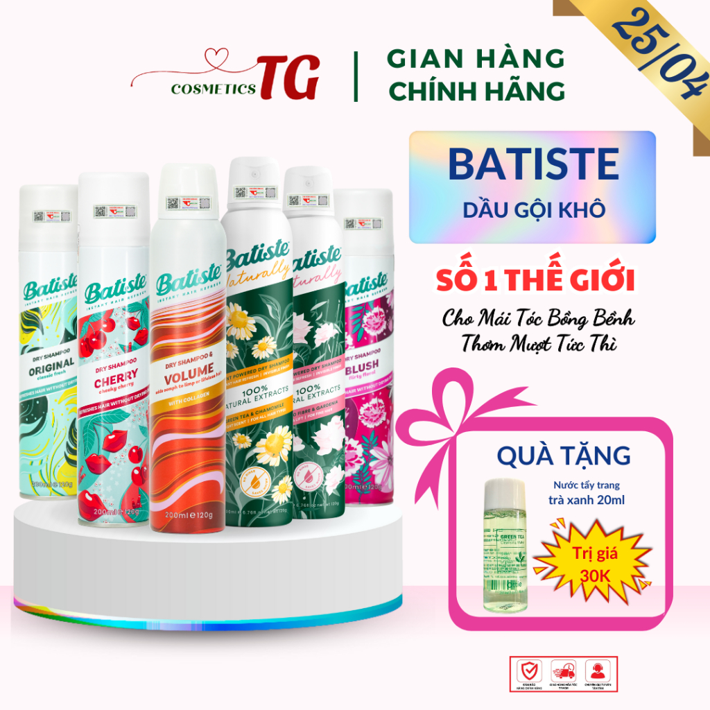 [CHÍNH HÃNG] Dầu Gội Khô Batiste Dry Shampoo Hết Ngứa, Hết Bết Dính Tóc Bồng Bềnh Tức Thì 200ml, 50ml