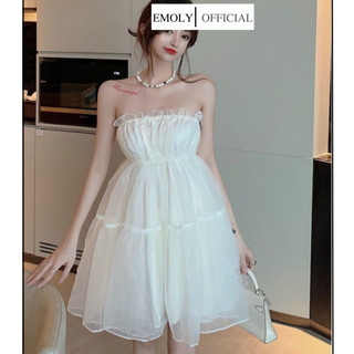 Đầm trắng, Váy cúp ngực omm eo dáng bồng phối ren trước ngực tiểu thư Hàn Quốc
