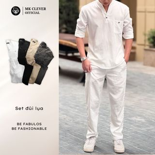 Set Bộ Đũi Lụa Dài Tay Nam MK CLEVER Chất liệu vải đũi lụa, mềm mịn set sơ mi quần đũi dài đi biển đi chơi đi làm