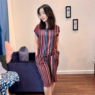 Đồ mặc nhà chất lanh mát mẫu kẻ dọc áo cộc quần lửng