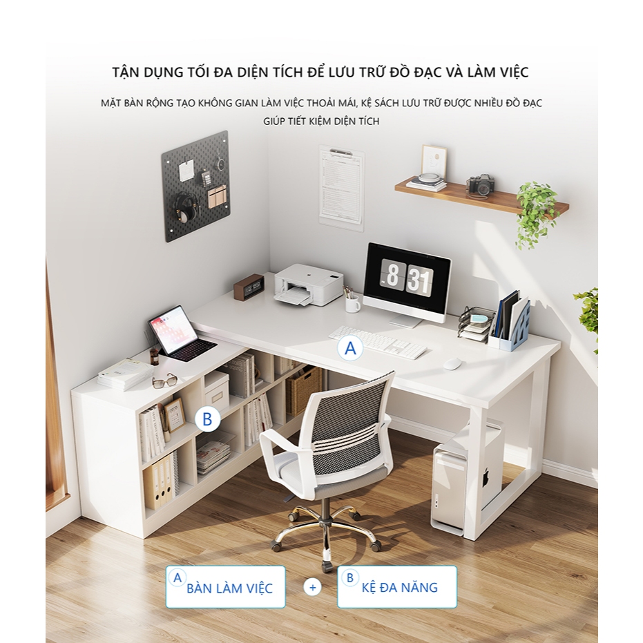 Bàn làm việc góc chữ L kết hợp tủ sách thông minh, tiết kiệm diện tích thương hiệu UNLIMI - GM131 | BigBuy360 - bigbuy360.vn