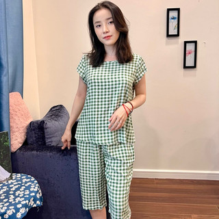Đồ mặc nhà chất lanh kẻ caro xinh xắn cực hot, áo cộc quần lửng