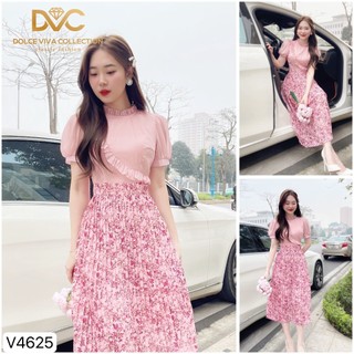VÁY THIẾT KẾ DVC - V4625 - Váy xòe hồng bèo chéo chân váy hoa xếp li, cộc tay -  DỰ TIỆC, CÔNG SỞ, DẠO PHỐ