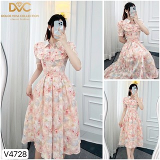 VÁY THIẾT KẾ DVC - V4728 - Váy xòe hoa cam hồng cổ sơ mi, xếp li beo ngực, cộc tay -  DỰ TIỆC, CÔNG SỞ, DẠO PHỐ