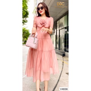 VÁY THIẾT KẾ DVC - V4656 - Váy Xòe Hồng Cổ V, Ngực Đính Hoa Đại, Cộc Tay -  DỰ TIỆC, CÔNG SỞ, DẠO PHỐ