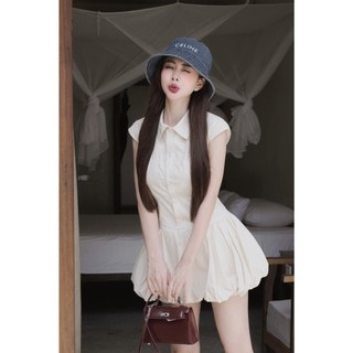 Váy tay hến bồng dáng ngắn có quần bảo hộ, Đầm váy cổ sơ mi tay ngắn chiết eo dáng ngắn bum tiểu thư sang chảnh