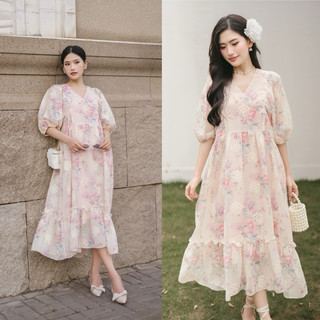 Petbychang - Cindy Dress Váy Ren Boi Thêu Hoa Đuôi Cá Kiểu Dáng Tay Liền Cổ V Cách Điệu Style Nhẹ Nhàng Nữ Tính
