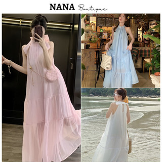 Váy đi biển chất voan tơ dáng cổ yếm có dây thắt nơ sau cổ, váy dài 2 lớp cực mát