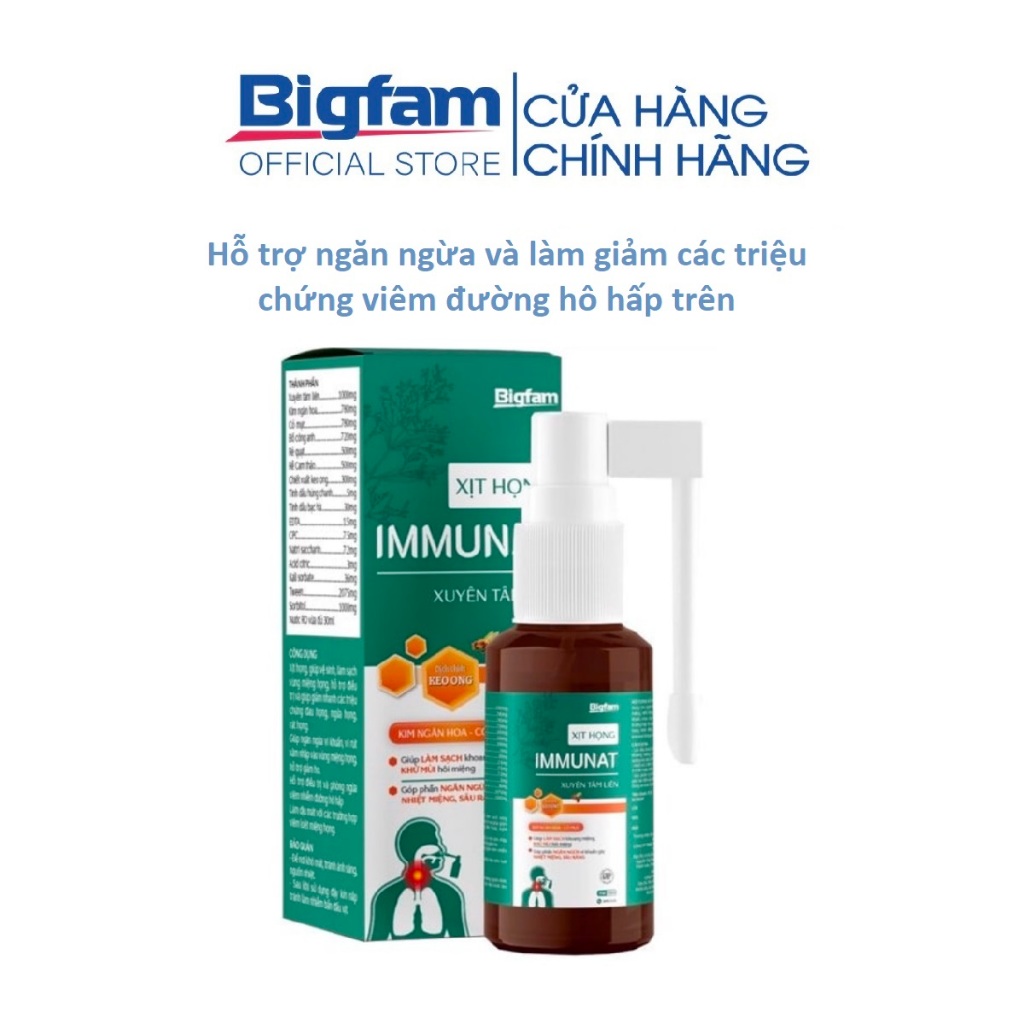 Xịt họng keo ong IMMUNAT Bigfam hỗ trợ giảm ho an toàn cho trẻ nhỏ và phụ nữ mang thai 30ml