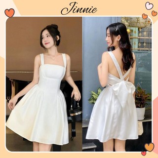 Váy cúp ngực 2 dây bản to phối nơ lưng có mút ngực, đầm dự tiệc 2 dây tiểu thư