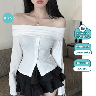 XẢ HÀNG Áo trễ vai tăm thái đính khuy, tay xoè Miho House
