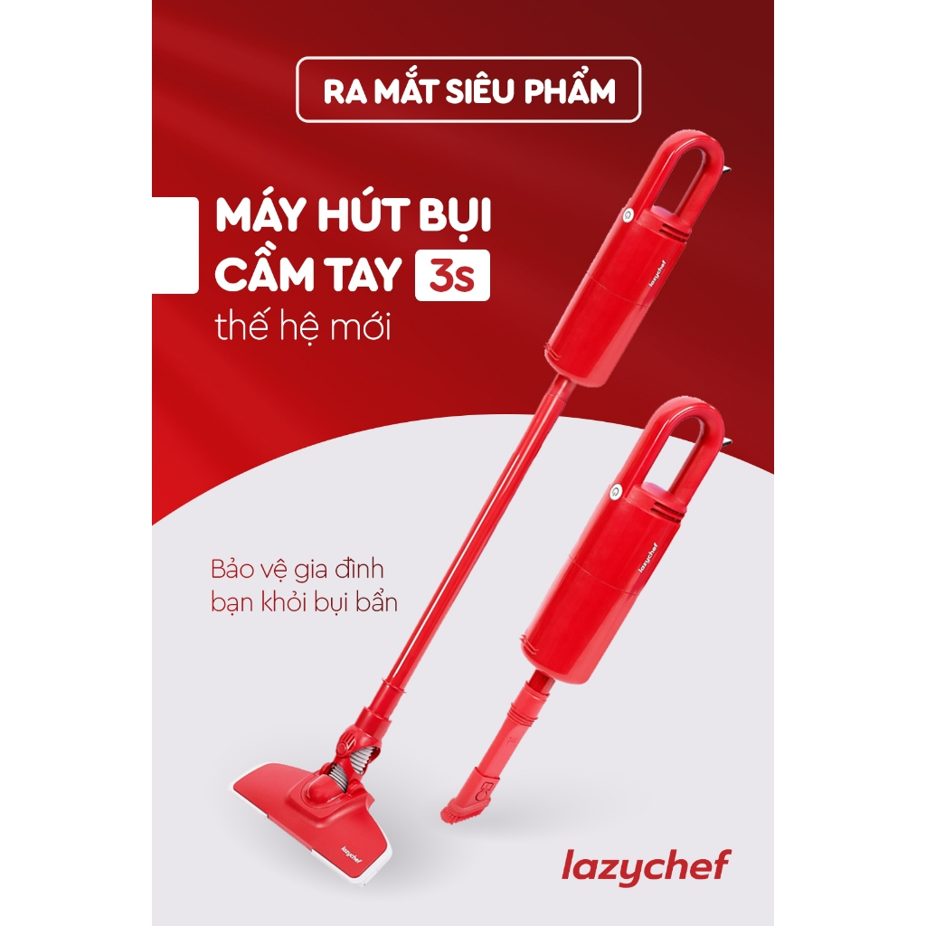 Máy Hút Bụi Cầm Tay 3S Lazychef Thế Hệ Mới, Lực Hút 15.000PA  - 2 Đầu Hút Chuyên Dụng, Dây Dài 5 Mét