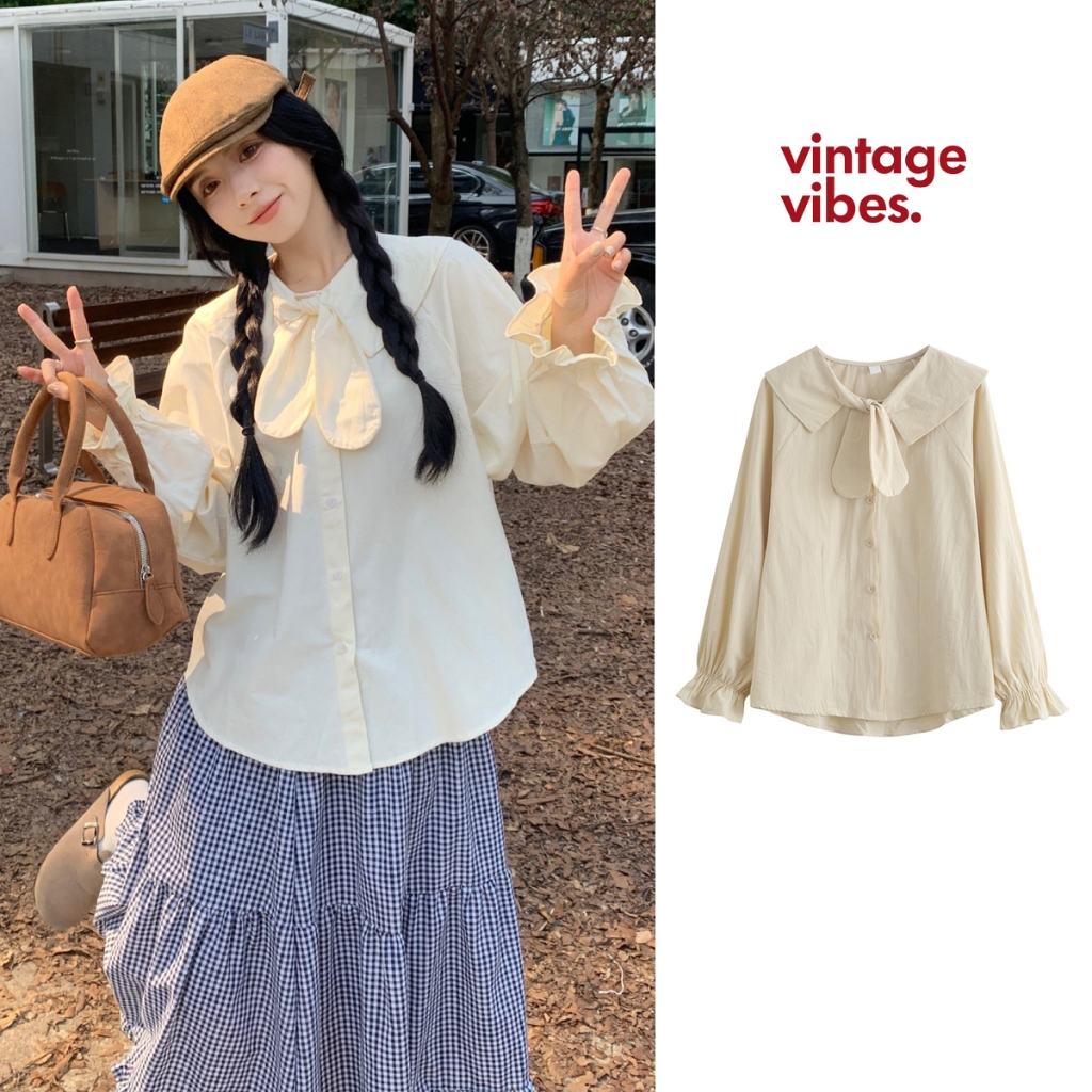 Áo sơ mi kiểu babydoll cổ bèo buộc nơ tròn CHOLIE kiểu dáng vintage tiểu thư xinh xắn