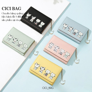 Ví nữ cầm tay mini,ví gập thời trang hoạ tiết hình mèo xinh xắn, chất liệu da PU cao cấp