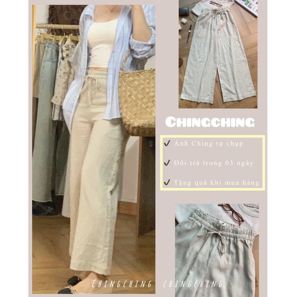 Quần linen nữ, quần linen ống rộng - quần cạp chun linen mát mẻ phong cách tối giản - ChingChing