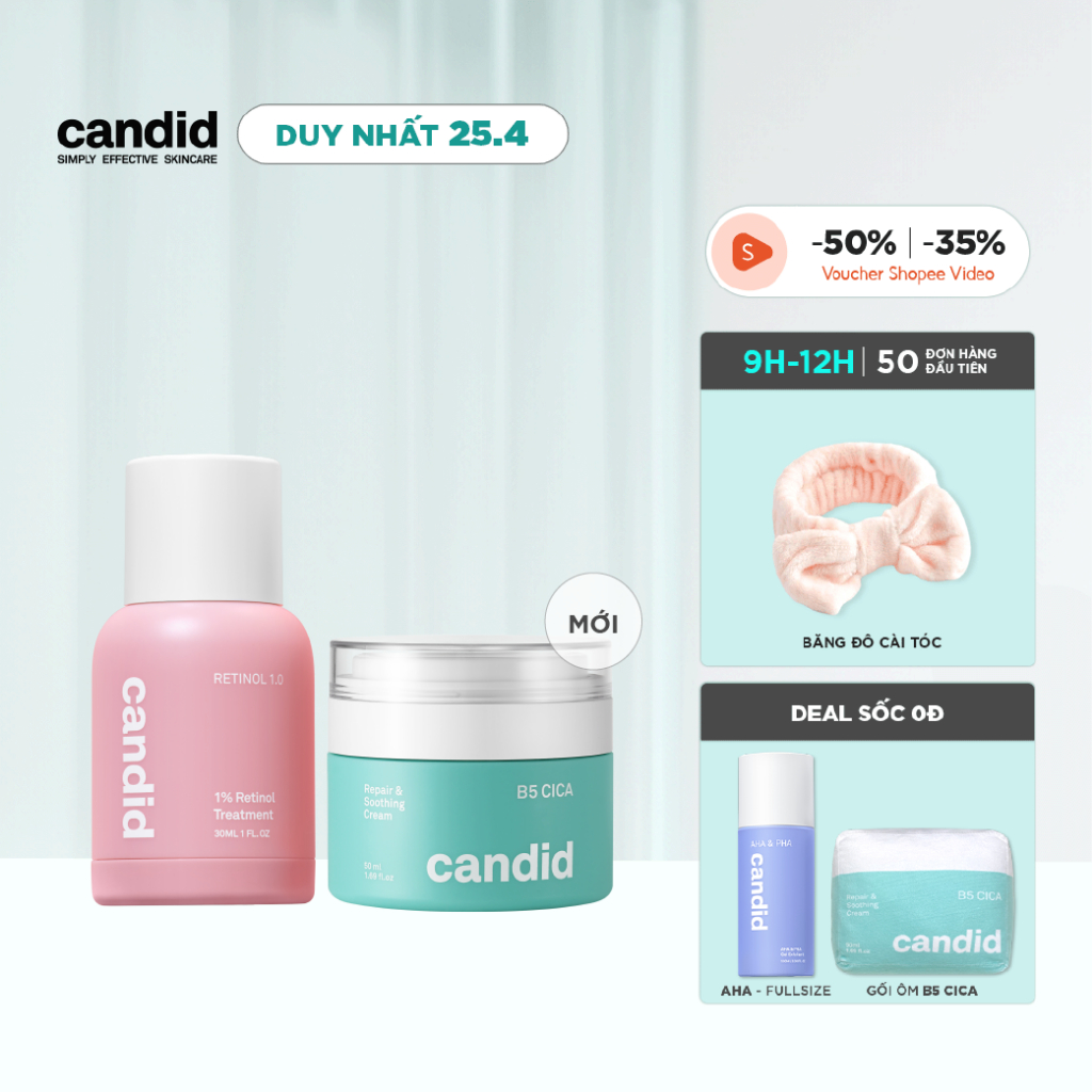 Bộ Sản Phẩm Tái Tạo Và Phục Hồi Làn Da Candid Retinol 1.0% 30ml& Kem Dưỡng B5 Cica 50ml