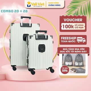 Combo vali khung nhôm khóa sập vali việt size 20/28 inch, nhựa abs/pc cao cấp, chống va đập