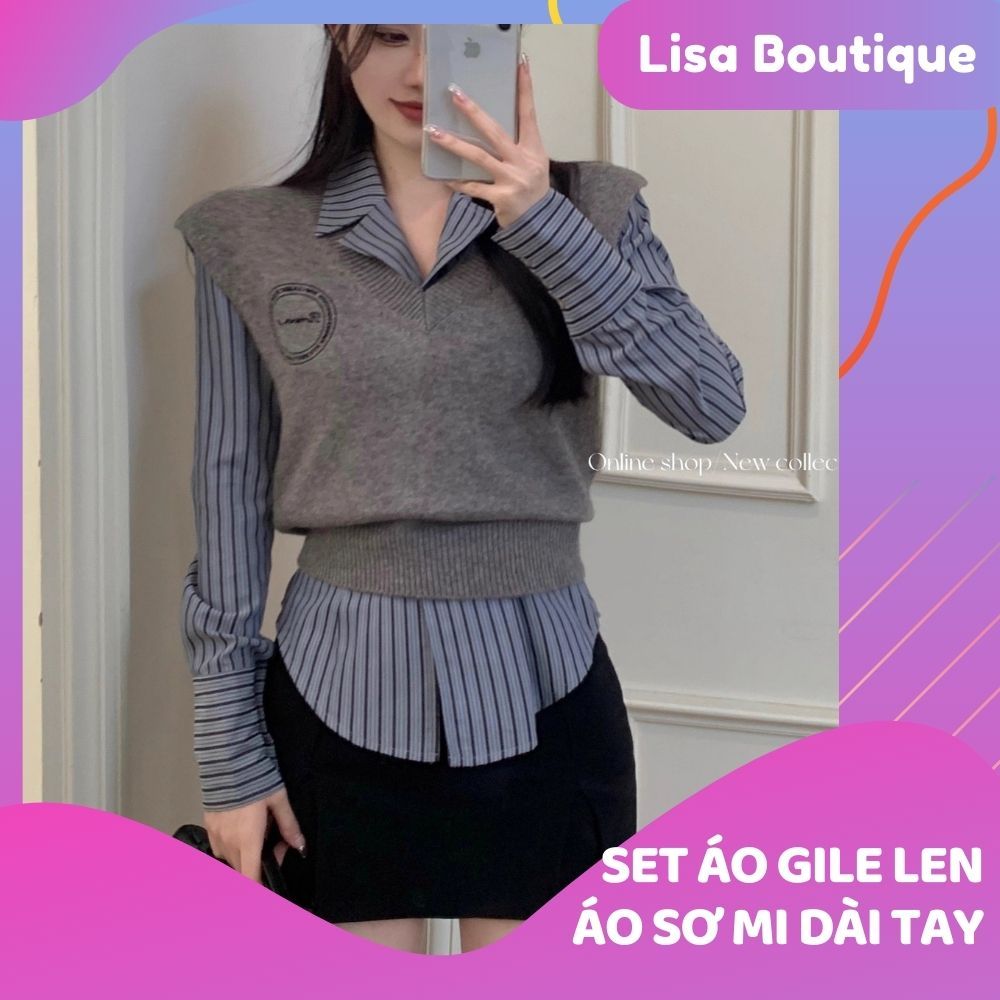 Áo Sơ Mi Nữ Dài Tay + Áo Gile Len Croptop Cá Tính HL38, SET Áo Nữ Phong Cách Hàn Quốc Đáng Yêu Lisa