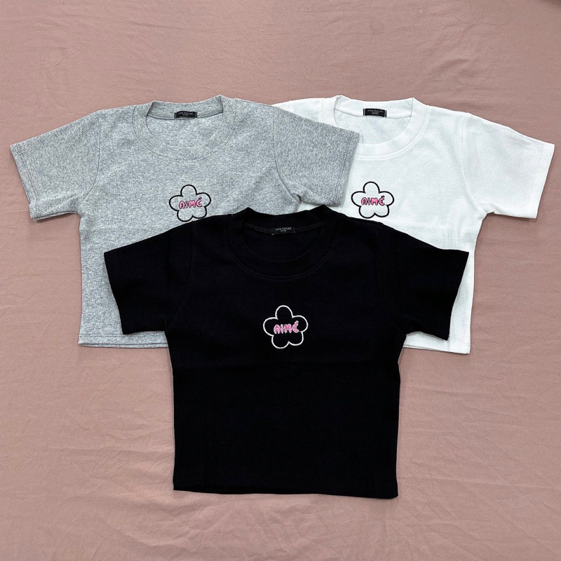 Áo croptop nữ thêu AiMÉ thun gân co giãn dáng FIT body | BigBuy360 - bigbuy360.vn