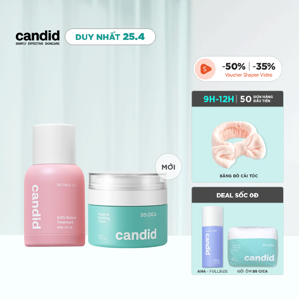 Bộ Sản Phẩm Tái Tạo Và Phục Hồi Làn Da Candid Retinol 0.5% 30ml& Kem Dưỡng B5 Cica 50ml