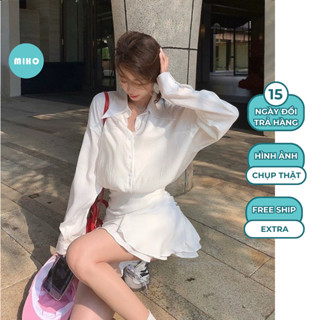 Set Áo Sơ Mi Chân Váy Bèo Nhún Tiểu Thư Điệu Đà, Áo Sơmi Nữ Chất Vải Đũi Nhăn  Miho House