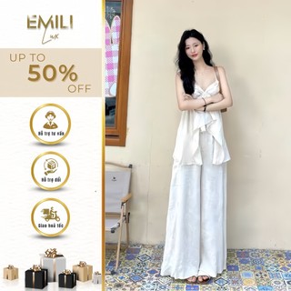 Set áo kiểu nữ 2 dây cổ V bèo nhún Emili phối chân váy chất nhuyễn phong cách 
