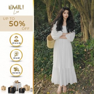 Đầm cổ vuông tay bồng Emili đàm dài tay dáng xòe chất thô Hàn kiểu xinh 