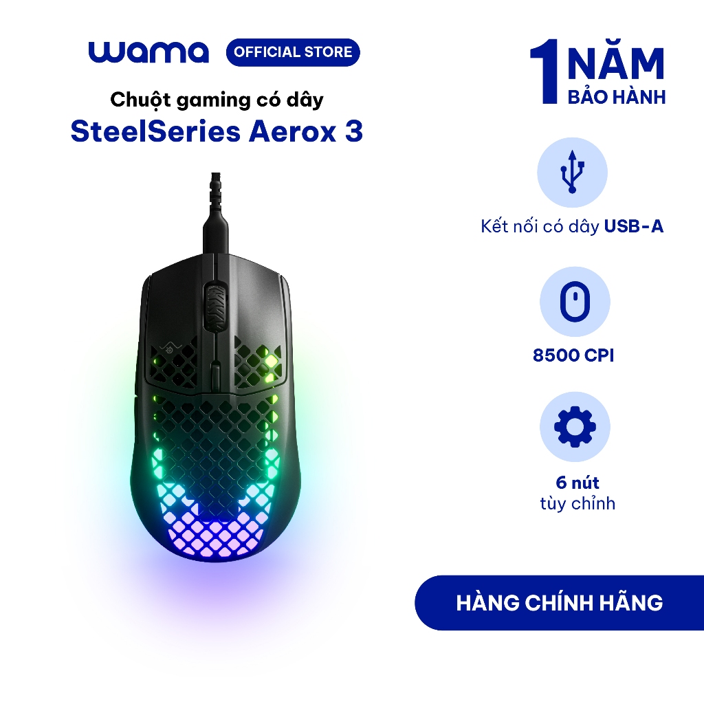 Chuột gaming có dây SteelSeries Aerox 3 RGB, 8500 CPI, 300IPS, 59 gram, chuẩn IP54, 80 triệu clicks,