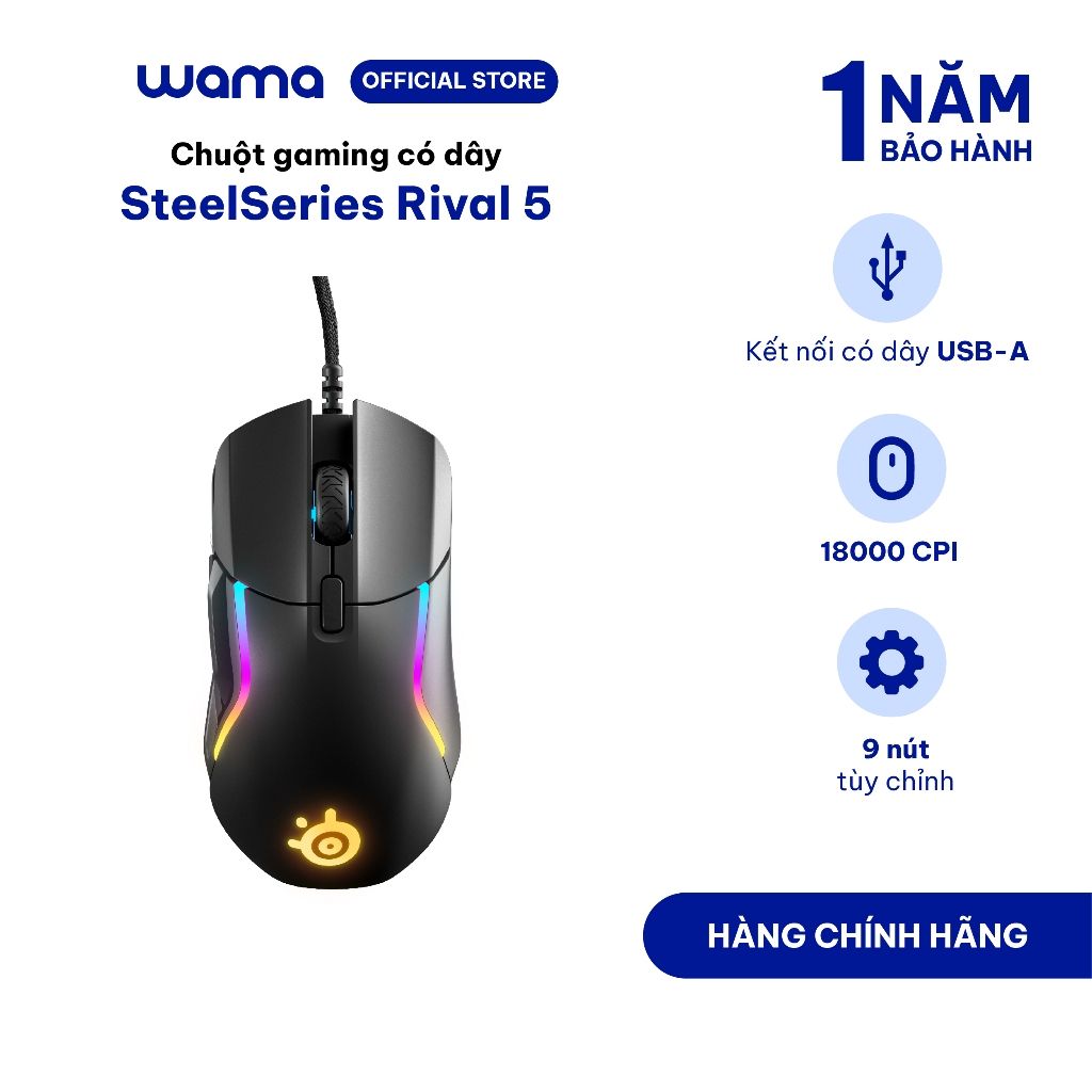 Chuột gaming có dây SteelSeries Rival 5 màu đen, 9 nút lập trình, led RGB, nặng 85g, CPI 18000, bảo 