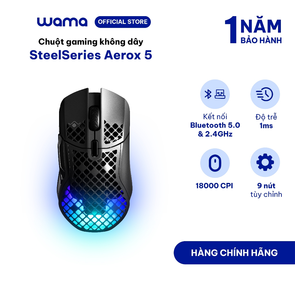 Chuột gaming không dây SteelSeries Aerox 5 Wireless màu đen 74g, led RGB, 2.4Ghz, Bluetooth 5.0, 180