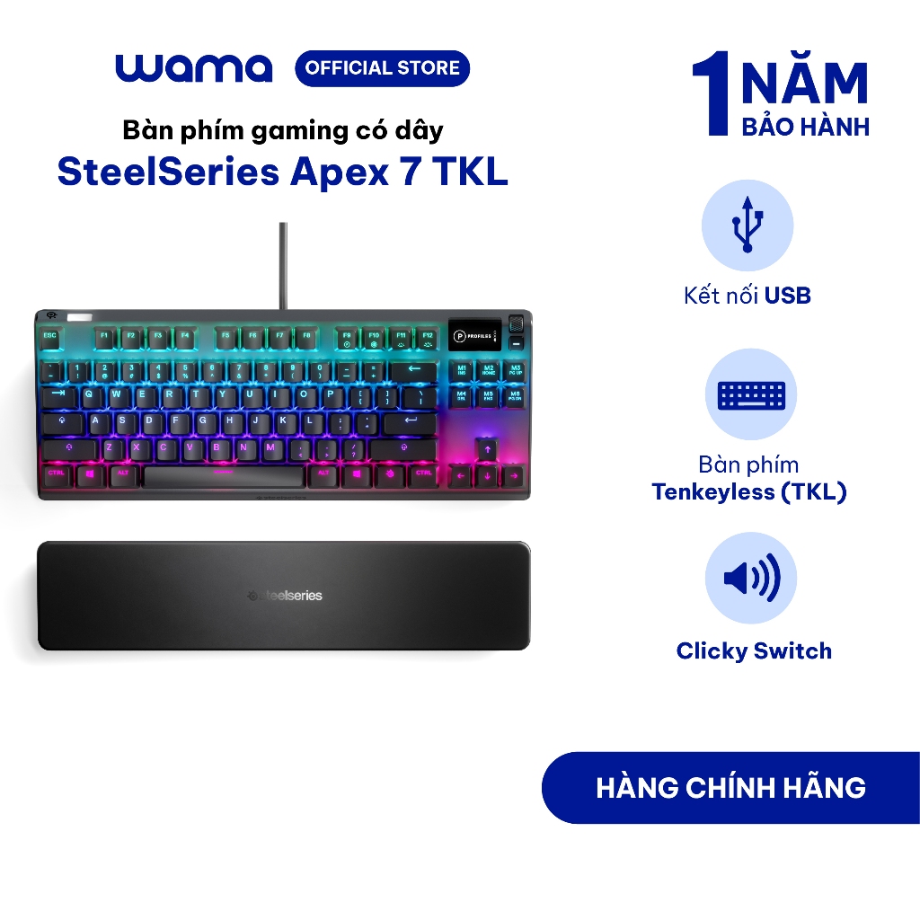 Bàn phím gaming có dây kê tay Steelseries Apex 7 TKL, Led RGB, 50 triệu Clicks, màn hình Oled, BH 1 
