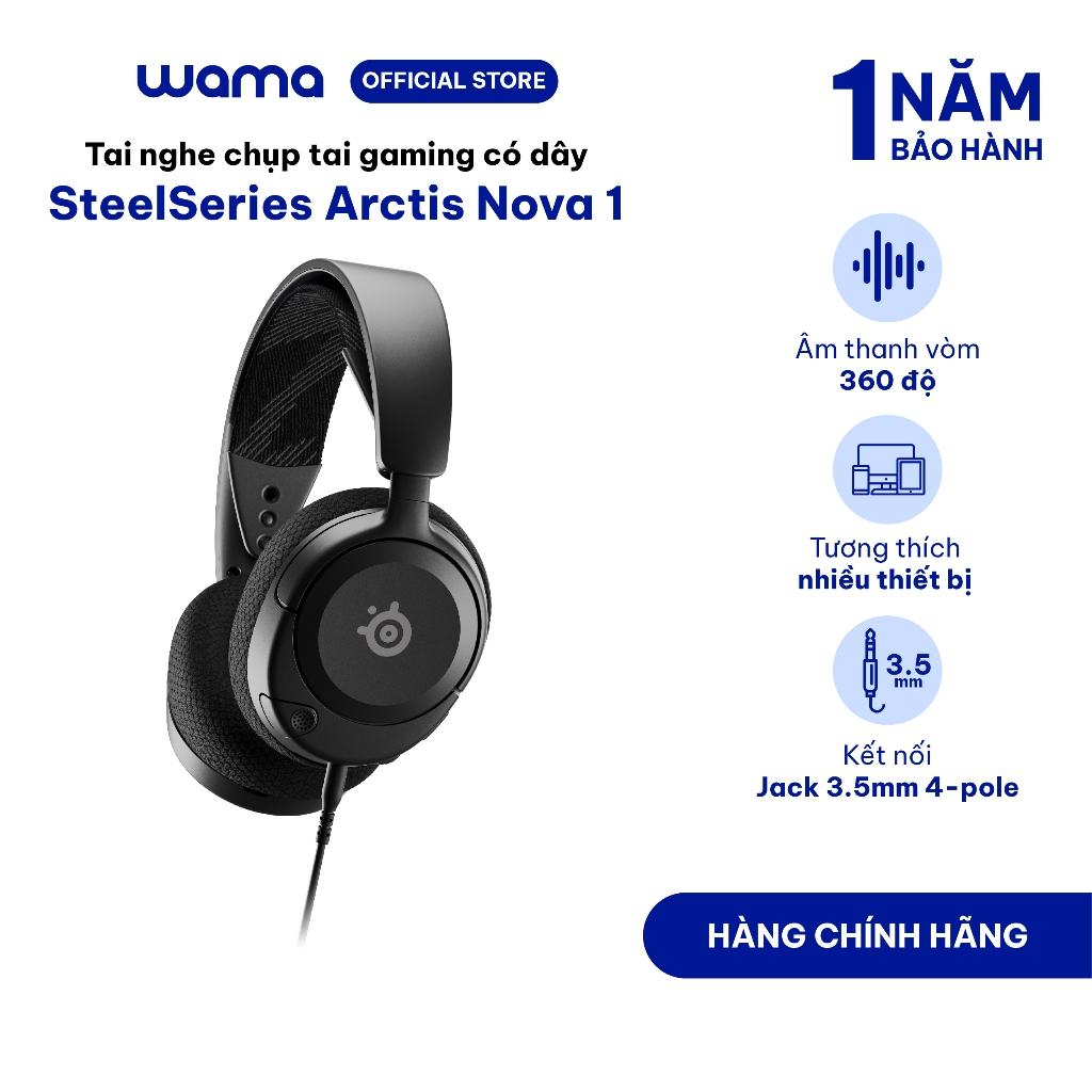 Tai nghe chụp tai gaming có dây SteelSeries Arctis Nova 1 màu đen/trắng, khử tiếng ồn, bảo hành chín