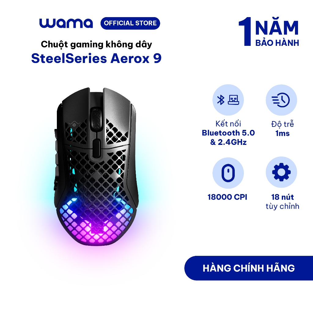 Chuột gaming không dây SteelSeries Aerox 9 Wireless màu đen, led RGB, 18000CPI, 400IPS, pin 400H, bả