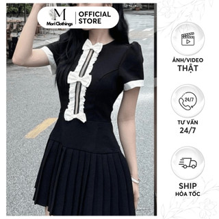 Váy Nữ Phối Nơ Bèo Tay Ngắn, Đầm Tiểu Thư Đuôi Dập Xếp Ly Thiết Kế Thời Trang Nữ | MORI CLOTHINGS
